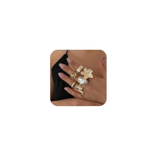 6-10 Stück Chunky Ring Damen, Gold Silber Chunky Ringe Stapelbare Goldring Silberring Golden Dicke Knuckle Ringe Fingerring Statement Rings Schmuck für Frauen Mädchen (6 Stück-Gold Set 2)