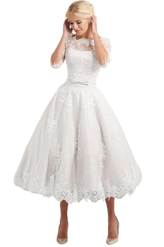 Damen Brautkleid mit Ärmel Boho Kurz Spitzen Hochzeitskleid Standesamt A-Linie Strand Brautmode Kleid C-Weiß,DE46