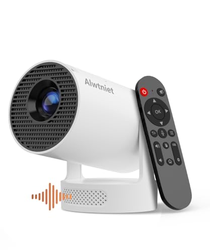 Alwtniet Mini Projektor, Mini Beamer 4K Unterstützt, Wi-Fi 6 und Bluetooth 5.4, 5W Lautsprecher, Automatischer Trapezkorrektur, 180° drehbar, tragbarer Projektor für Zuhause und draußen Android