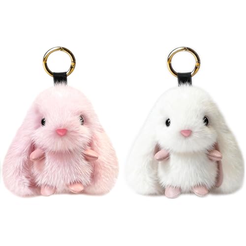 CHUANFU 2 Stück Hase Schlüsselanhänger Plüsch, Kaninchen Anhänge Kuscheliger Plush Keychain mit Weichem Plüsch, Süße Weiche Hase Bag Charms, Schlüsselanhänger für Damen Mädchen (Weiß, Rosa)
