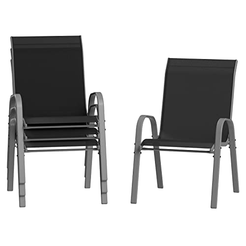Amopatio 4er Set Gartenstühle Stapelbar, Breiter 55cm Hochlehner Stapelstühle aus Textilene und Metallgestell, Terrassenstühle Balkonstuhl mit Armlehnen Wetterfest, 60 x 72 x 96 cm, Schwarz