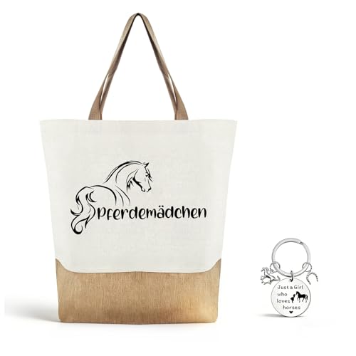 2Teilig Pferde Mädchen Geschenk Set, Jute-Tragetasche mit Schlüsselanhänger