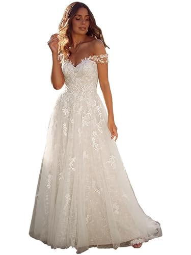JAEDEN Off Shoulder Brautkleid Damen Boho Spitze Hochzeitskleid Tüll Standesamt Braut Kleid Elfenbein 54