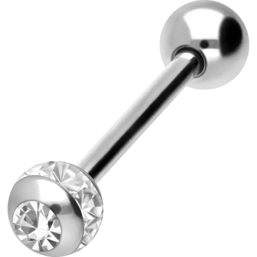 PIERCINGLINE Chirurgenstahl Barbell EPOXYRING KUGEL + KRISTALL Piercing Stab Brust Zunge Silberfarben Kristallklar 14 mm