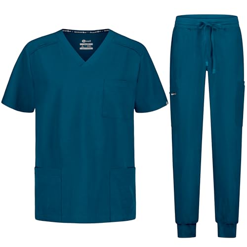 B-well MATTEO Herren-Schrubb-Set Schlupfkasack + JoggeR Hose Set Medizin Arzt Uniform Medizinische Berufsbekleidung mit Elastan (DE/NL/SE/PL, Alphanumerisch, L, Regular, Regular, Karibisches Grün)