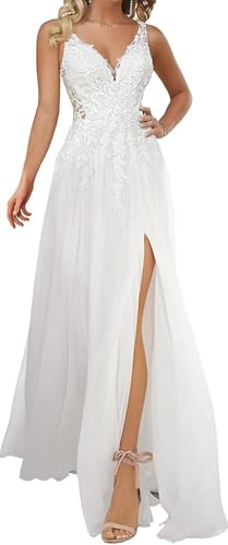TANPAUL Boho Brautkleider V-Ausschnitt Spitze Hochzeitskleid Chiffon Lang Braut Standesamt Brautkleid Weiß 36
