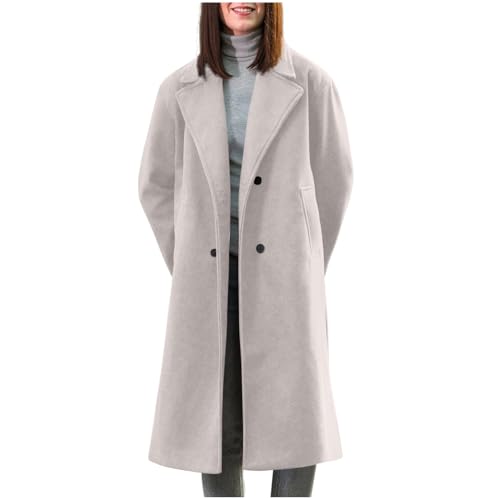 Wollmantel Damen Lang Trenchcoat Wintermantel Langarm mit Gekerbtem Revers