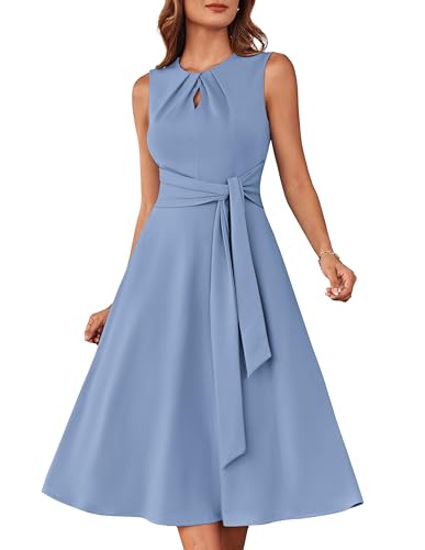 GRACE KARIN Ärmelloses Midikleid für Damen elastisches Rundhalskleid Plissiertes Cut-Out mit Gürteltaschen Blaugrau M