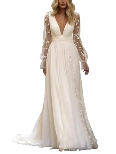 IUYRESX Hochzeitskleid Weiß,Hochzeitskleider Für Damen Spitze Beach Boho Brautkleider Langarm Standesamt V-Ausschnitt A-Linie Hinterlänge Brautkleid Elfenbein 58