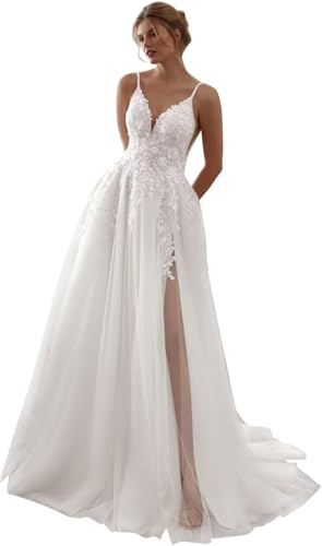 IUYRESX Hochzeitskleid Damen Brautkleider Spaghettiträger Boho Hochzeitskleider Spitze A-Linie Standesamt Kleider Weiß 36