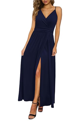 Newshows Damen Sommer Tiefer V-Ausschnitt Maxikleid Spaghettiträger Einfarbig Geteiltes Hochzeitsgästekleid Marineblau,M