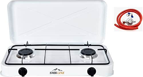 SMH LINE® Gaskocher Campingkocher 2 flammig inkl. Schlauch und Regler 50 mbar Gas Propangas 4,4 KW Kochfeld Camping Gasflasche Herd Outdoor Kocher Tischkocher XL