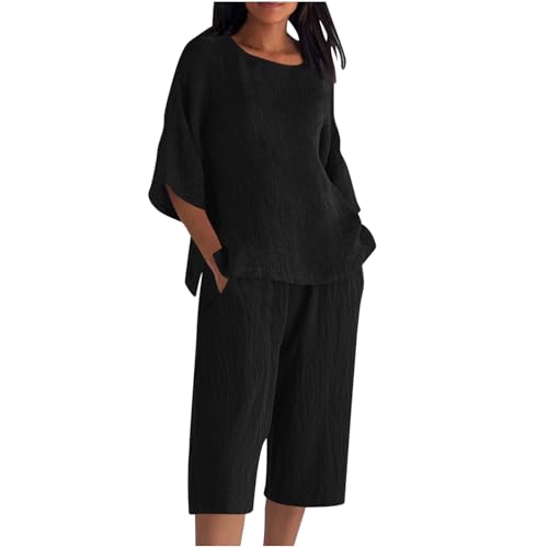 Zweiteiler Damen Elegant,Baumwolle Leinen Hosenanzug Sommer Jogginganzug Kurzarm T-Shirts und Weites Bein Caprihose Mode Sportlich 2 Teiliges Anzug Set Schlanke Übergroße Einfarbig Freizeitanzug