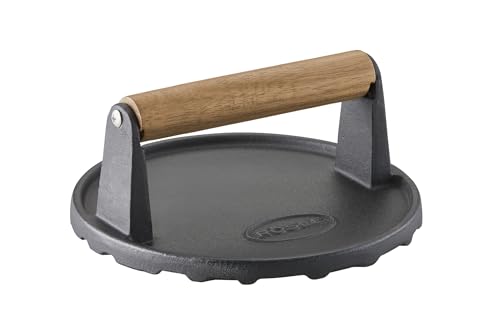 RÖSLE Barbecue-Gewicht, Hochwertiges Gewicht zum schnelleren Garen von Burgern oder Steaks, Gusseisen, Holzgriff, 17,5 cm