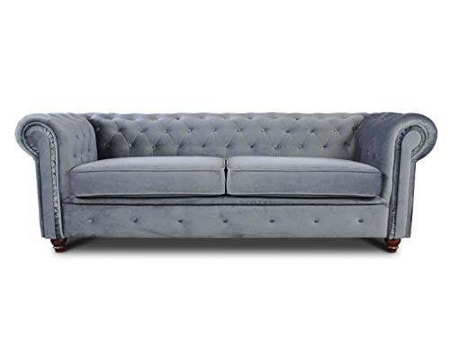 Sofa Chesterfield Asti 3-Sitzer, Couch 3-er, Glamour Design, Couchgarnitur, Sofagarnitur, Holzfüße, Polstersofa - Wohnzimmer, Velours (Grau (Velvet 10))
