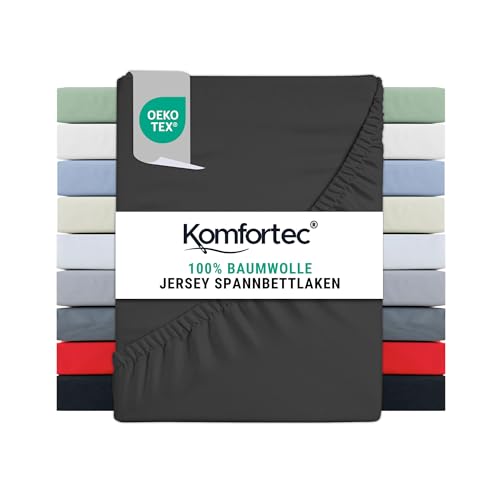 Komfortec Spannbettlaken Jersey 100% Baumwolle – 140x200 cm – 135g/m² – Weich, Atmungsaktiv & Hautfreundlich – Mit Rundumgummi – Oeko-Tex Zertifiziert – Für Boxspring, Topper & Matratzen – Anthrazit