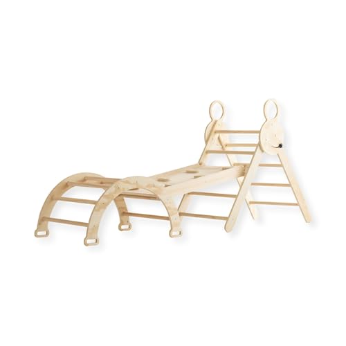 Buxibo Mini Klettergerüst – Holz Kletterbogen mit Rutsche und Rampe – Montessori Spielgerät für drinnen – 176x47x82 cm – Natur