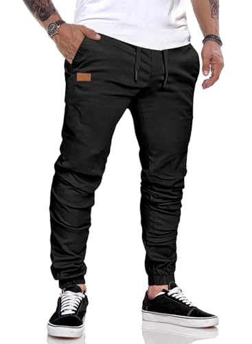 JMIERR Hose Herren Chino Cargo Hose Jogginghose Herren Baumwolle Sporthose Casual Freizeithose Elastische Taille mit Kordelzug Sweatpants Herren mit Taschen, Schwarz 3XL