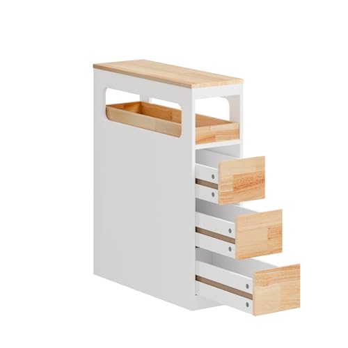 SoBuy Badezimmerschrank mit Rollen, Schmal Badschrank mit 3 Schubladen – Kompakte Kommode aus Holz, Beweglicher Nischenschrank für kleine Bäder, WC und Küche, Weiß, 65x23x82cm, BZR54-III-WN