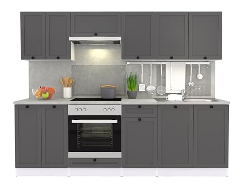 FIWODO Küche mit Elektrogeräten - ERWEITERBAR - Küchenzeile, Einbauküche in Farbe: LANDHAUS GRAFIT MATT, 240cm, mit Spülbecken, Mischbatterie, Herd, Backofen, Abzugshaube, NEUWARE mit GARANTIE