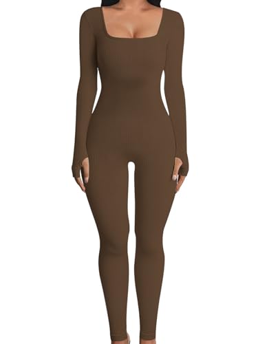 OYIGELZ Yoga Jumpsuit Damen Einteiligem Gerippte Strick Langarm Sport Workout jumpsuits Hosenanzug Trainingsanzug Eckigem Ausschnitt Figurbetontem Kuscheliger Overall(Braun-J,S)