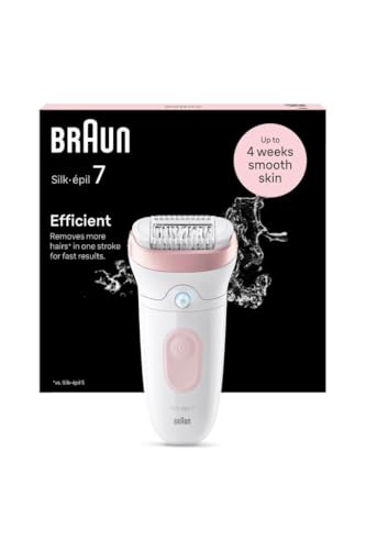 Braun Silk-épil 7 Damen-Epilierer, elektrischer Epilierer für Damen mit breitem Kopf für eine einfache Epilation, nass & trocken, lang glatte Haut, 7-000, Weiß/Rosa