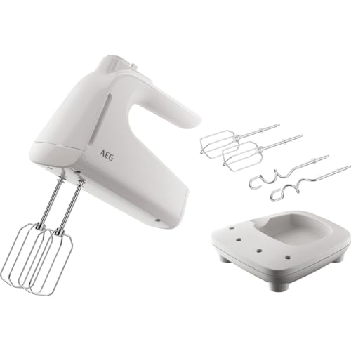 AEG Handmixer, 5 Geschwindigkeitsstufen, Turbo-Funktion für Höchstleistung, Auswurftaste, 2 Rührbesen, 2 Knethaken, Zubehörstation, spülmaschinenfest, 500 Watt, 1,2 m Kabel, weiß, AHM4W