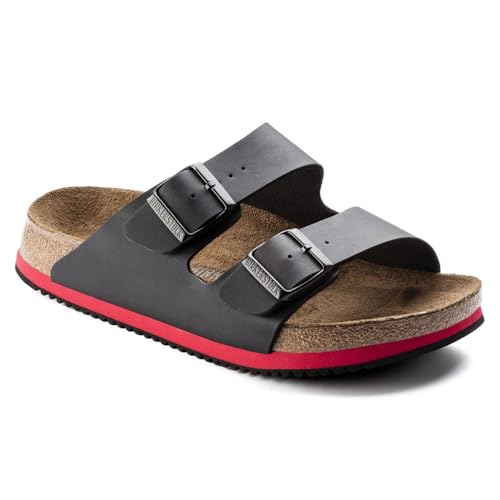 Birkenstock Sandale Arizona Superlauf, Birko-Flor Pantolette Schuh Halbschuh Latsche Zweischnaller Berufsschuh Schuhe Birki Arizona Slipper - Schwarz/Rot - Normal - Gr. 42