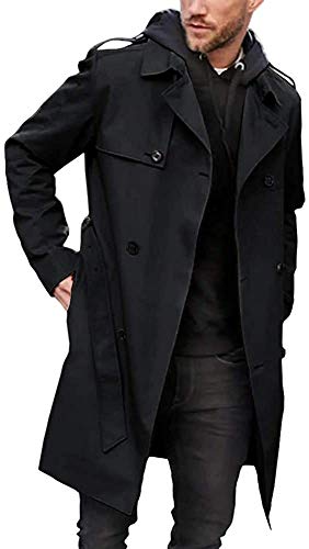 Gafeng Herren-Trenchcoat, schmale Passform, zweireihig, Gürtel, Windbreaker, Revers, lange Jacke, lässig, winddicht, Schwarz, XL