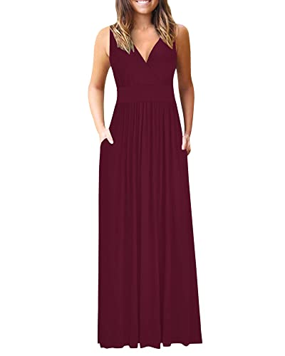 AUSELILY Maxikleid Damen Sommer Ärmellos Kleid Lang Elegant tiefem V-Ausschnitt Abendkleid mit Taschen Weinrot M