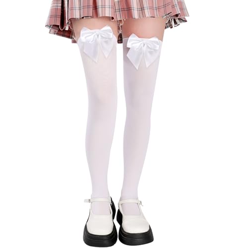Utensilsto Strümpfe mit Schleife Overknees Strümpfe Damen Overknee Dehnbare Socken Knee High Socken Thigh High Socks für Karneval Kostüm, Mottoparty, Weiß mit Weiß Schleife