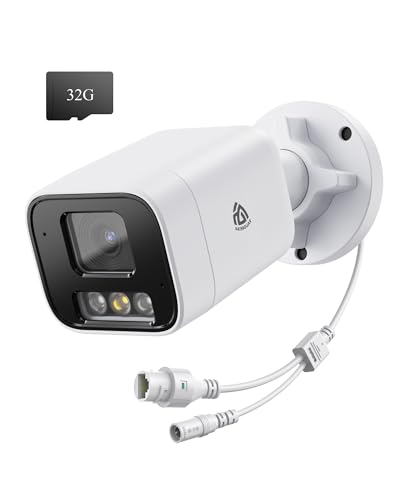 AKINGUAR 4K 8MP PoE Überwachungskamera Aussen, IP Kamera Außen mit 32-GB-Speicherkarte, Personen-/Fahrzeugerkennung, 100ft Farb-Nachtsicht, 2-Wege-Audio, Spotlight-Alarm, IP66
