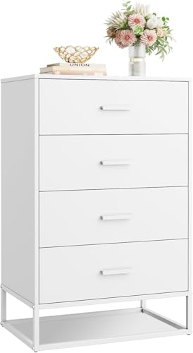 WLIVE Holz kommode für Schlafzimmer mit 4 Schubladen, Nachttisch, Kommode, hohe Kommode mit Schubladen und stabilem Metallrahmen für Flur, Wohnzimmer, Schrank, weiß
