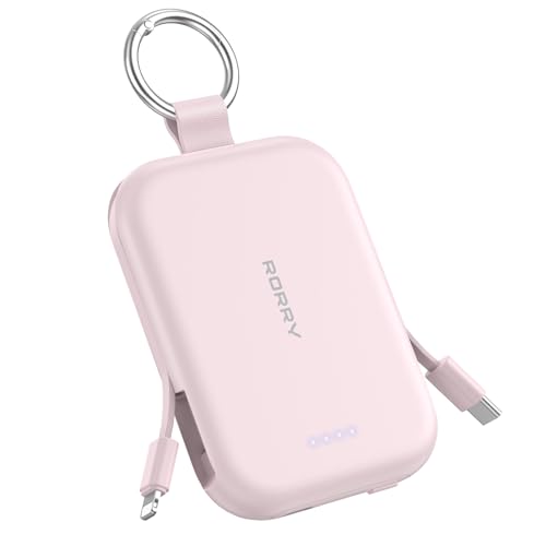 RORRY CharmGo 5000mAh Powerbank, Portable Charger mit integrierten Kabeln und Schlüsselanhänger, Tragbarer Externer Akku für iPhone 17/16/15, AirPods 2/3/4/Pro, Rosa