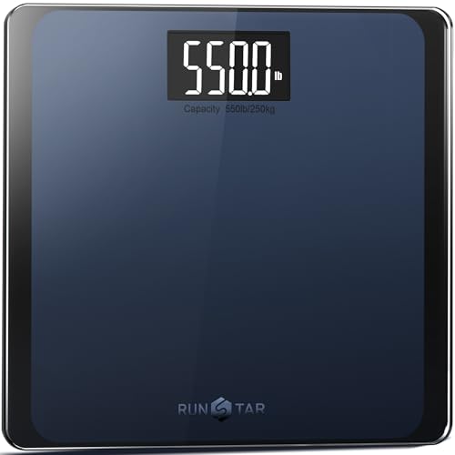 RunSTAR Digitale Personenwaage, hochpräzise Sensoren, 8 mm Sicherheitsglas, Tragkraft bis 250 kg, mit extragroßer Trittfläche und großem LCD-Display, Step-on-Technologie, blau-schwarz