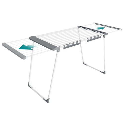 SONGMICS Wäscheständer, Standtrockner, ausziehbare Flügel, Flügelwäscheständer, 22 m Trockenfläche, Flügelwäschetrockner mit Sockenhalter, klappbar, perlweiß-Taubengrau LLR522WK01