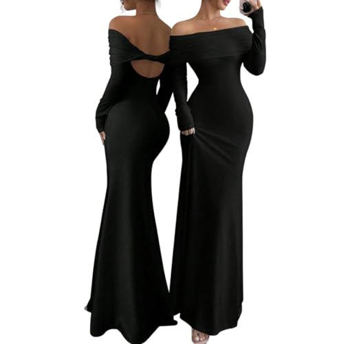 AOWVUTS Sexy Langes Kleid Damen Langarm Rückenfreie Figurbetontes Maxikleid Schulterfreies Kleid Elegante Hochzeitsgast Kleider Abendkleid Eng Bodycon Partykleid Cocktailkleid Clubbing Wickelkleid