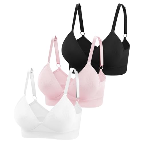 Eleplus 3er Pack Damen-BHS ohne Bügel Push Up Nahtloser BH V Ausschnitt Tshirt Schalen Bralette Verstellbar Unterwäsche für Alltag (Rosa+Schwarz+Weiß,M)