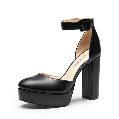 DREAM PAIRS Damen Plateau High Heels Blockabsatz Knöchelriemen Hochzeit Brautschuhe Party Bequeme Pumps Schuhe,Size 38,Schwarz-Pu,SDPU2419W
