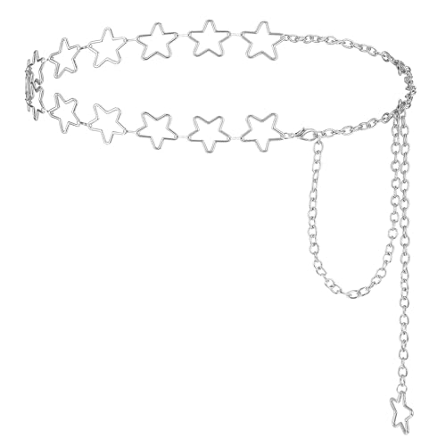 Jeffdad Damen Stern Gürtel Kleid Kettengürtel, Einstellbare Taillenkette Mode Silber Metall Kettengürtel Damen Metallgürtel Legierung Taille Gürtel Einstellbare Taillenkette Waist Chain Belt for Women