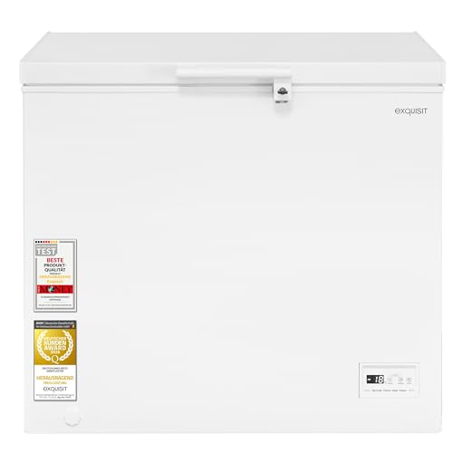 Exquisit Gefriertruhe | 198 l Nutzinhalt, Energieeffizienzklasse E, 41 dB | Schnellgefrieren, LED-Beleuchtung, elektronische Temperaturregelung, Türschloss, manuelles Abtauen | GT5201-HE-040E weiss