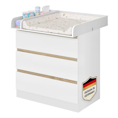 WOLTU Wickelkommode mit Wickelaufsatz, Wickeltisch, Kommode mit 3 Schubladen, Wickelaufsatz abnehmbar, mit Kippschutz, 86 cm für Lendenwirbelschutz, Weiß+Eiche