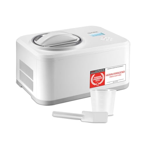 TZS First Austria - Eismaschine 1,5L - 120W - 4-in-1 Speiseeis- & Joghurtbereiter mit Heizfunktion - Selbstkühlend - Entnehmbarer Edelstahl-Behälter - Weiß