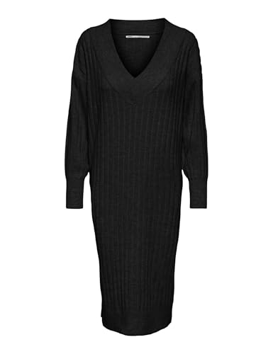ONLY Damen Langarm Strickkleid Oversized | Loose Fit Midi Knit Dress | V-Neck Shirt Pullover Onlnew Tessa, Farben:Schwarz, Größe:M