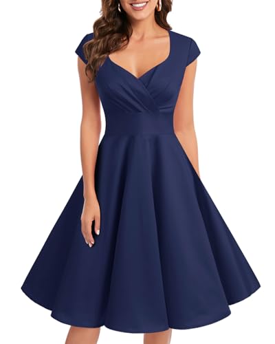bbonlinedress 1950er Vintage Retro Cocktailkleid Rockabilly V-Ausschnitt Faltenrock Navy L