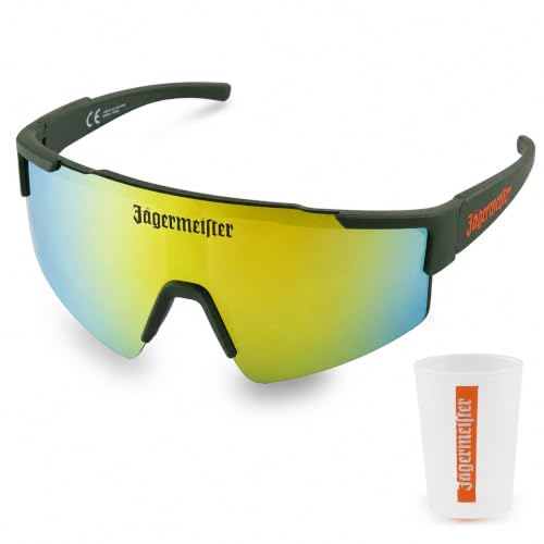 Jägermeister Originale Sonnen-Brille schnelle Brille Ski Sonnenbrille grün orange mit Logo und Schriftzug Kunststoff-Probierbecher
