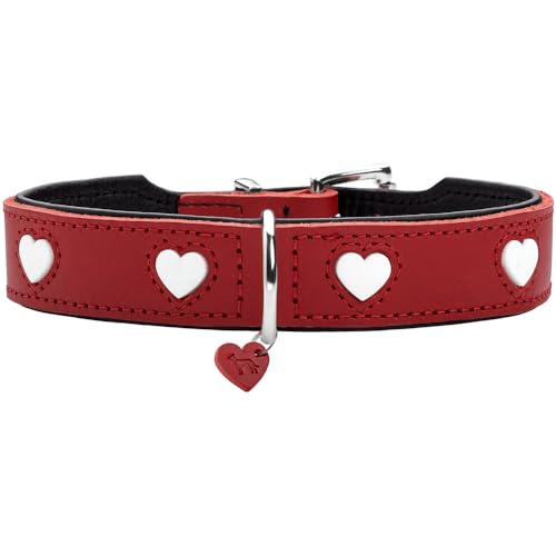 Hunter Hundehalsband Love, Farbe: rot/schwarz, weiches, Robustes Rindsleder, einzeln eingenähte Herzen, handgefertigt, hoher, besonders anschmiegsam, Made in Germany, Größe 37