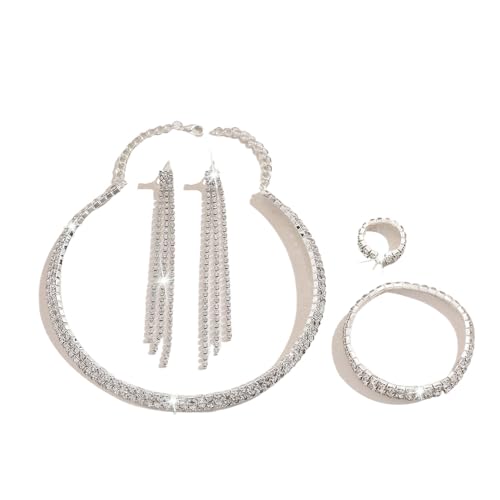 XFSRG Schmuckset Damen Hochzeit 4 Stück Brautschmuck Set Armband Halskette Ohrringe Ring mit Strass Modeschmuck Glitzer Silber Elegante Schmuck Set Geschenk für Braut