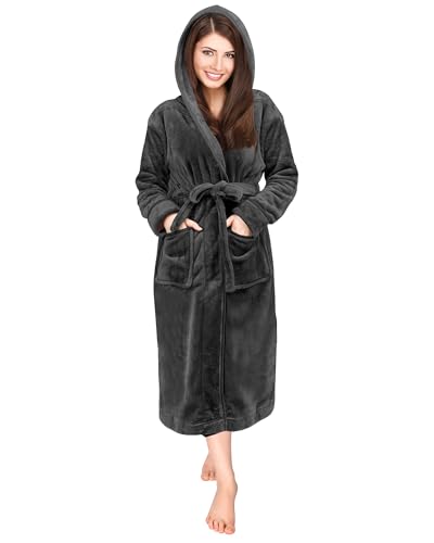 NY Threads Morgenmantel Damen mit Kapuze Fleece Plüsch Weich Bademantel Nachtwäsche Hausmantel (Mittel,Dunkelgrau)