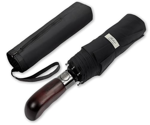 Balios® Regenschirm Mit Echtem Holzgriff -Optional | Auf Zu Automatik | Sturmfest & Windsicher | Taschenschirm Für Herren & Damen Schwarz (Designed in Britain) (BLACK with Luxury REAL WOOD Handle)